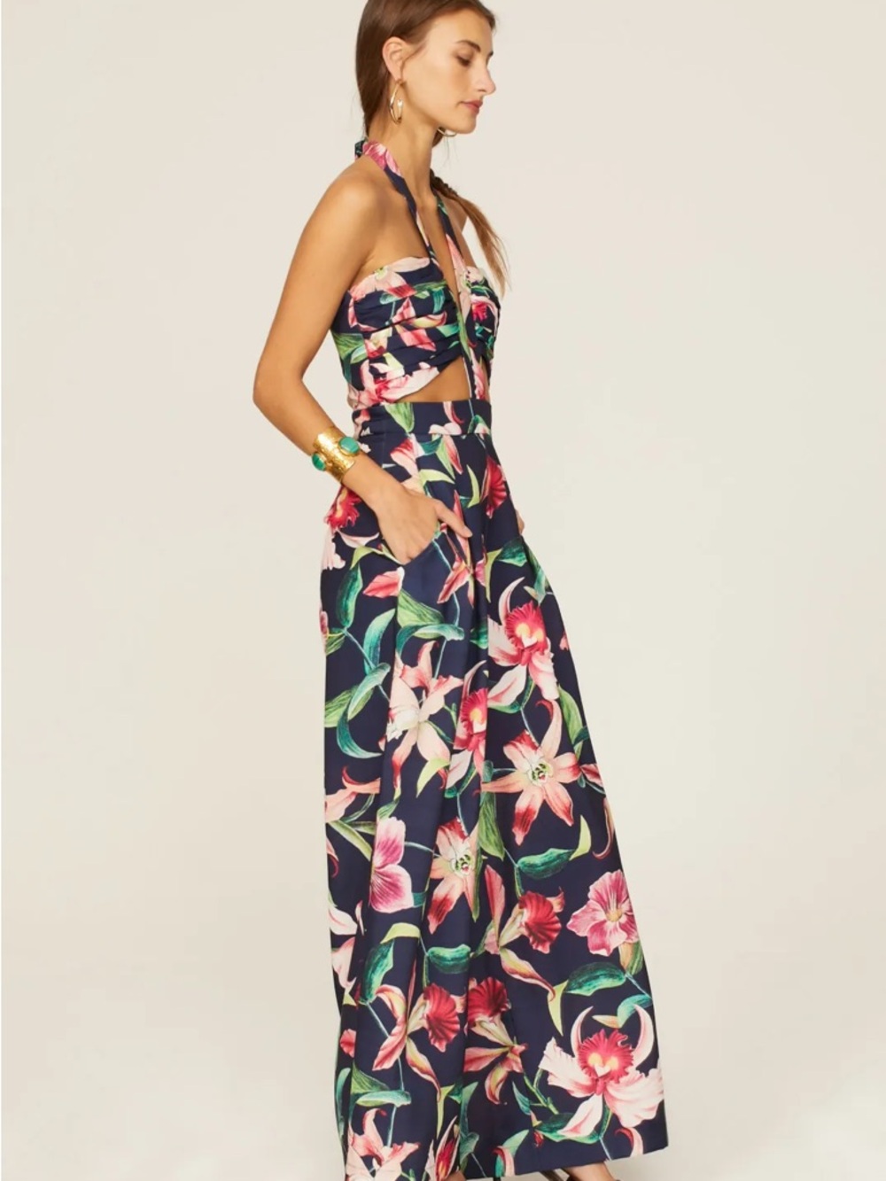 PatBO Laelia Cutout Jumpsuit Floral Halter Wide-Leg Jumpsuit in Midnight - Picture 4 of 10